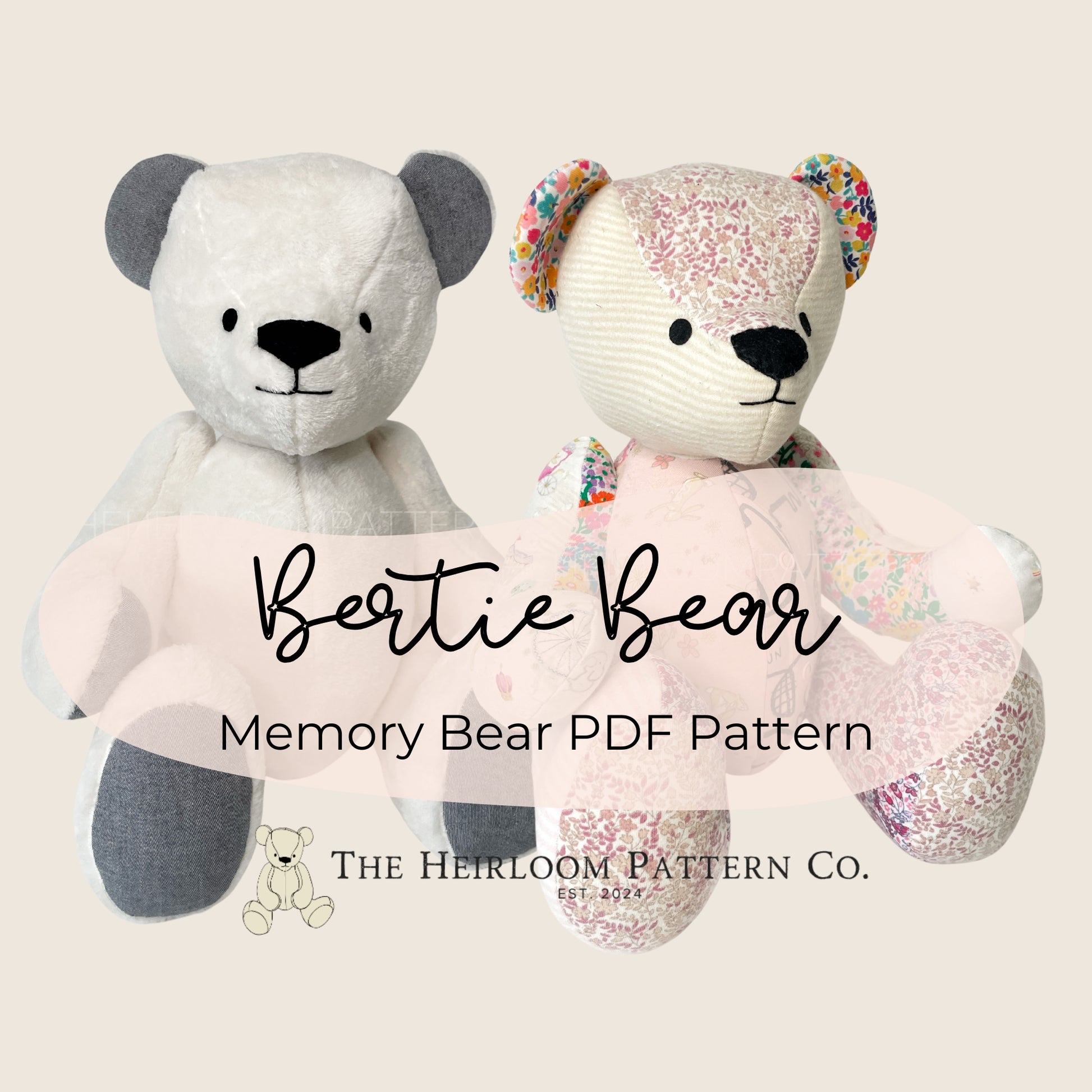 Two Bertie Memory Bears, side by side. With text bertie bear memory bear PDF pattern and the heirloom pattern co logo